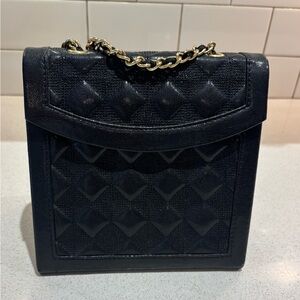 Elegant Purse Style Black Quilted Stash Box Jewelry Handbag With Gold Chain.